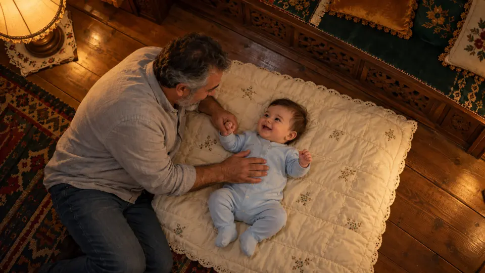 Cumalıkızık'ta ahşap bir evde, dedesinin elini tutarak yumuşak örtü üzerinde gülümseyen mavi tulumlu erkek bebek.