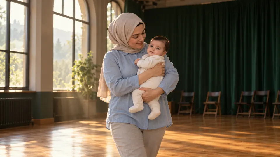 Bej başörtülü bir anne, sabah ışığı alan drama stüdyosunda dört aylık bebeğini güvenle kucağında taşıyor.