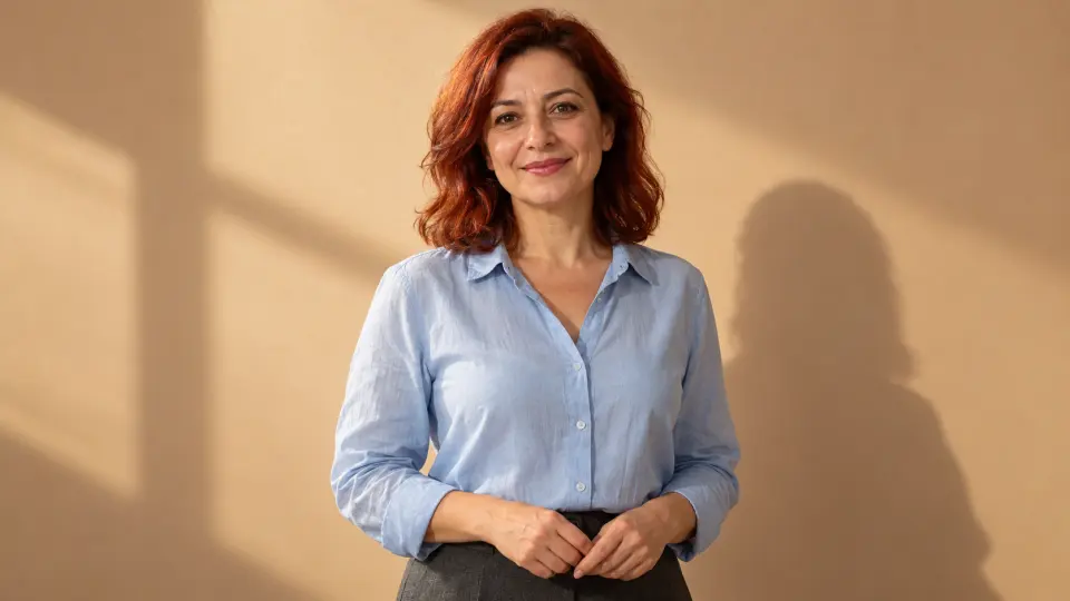 Kına kızılı saçlı, mavi gömlekli kadın, dizi figüran başvurusu için kum rengi stüdyo fonunda poz veriyor.
