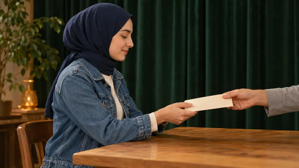 Lacivert başörtülü, kot ceketli genç kadın, yeşil kadife fon önünde ahşap masada ücret zarfını teslim alıyor.