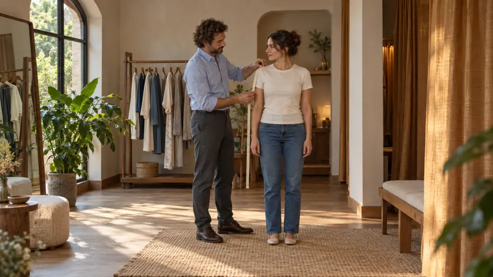 Minimal butik prova alanında kıvırcık saçlı erkek danışman, kadın model adayının giysi ölçüsünü değerlendiriyor.