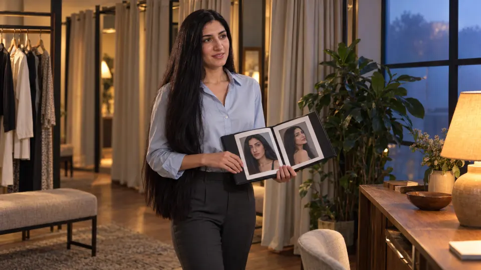 Uzun siyah saçlı kadın, sıcak ışıklı butik prova alanında oyuncu başvurusu için portre fotoğraflarını sunuyor.