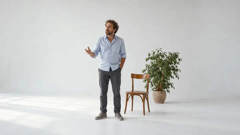 Beyaz stüdyoda, ahşap sandalye ve yeşil bitki yanında monolog çalışan kıvırcık saçlı, kısa sakallı erkek.