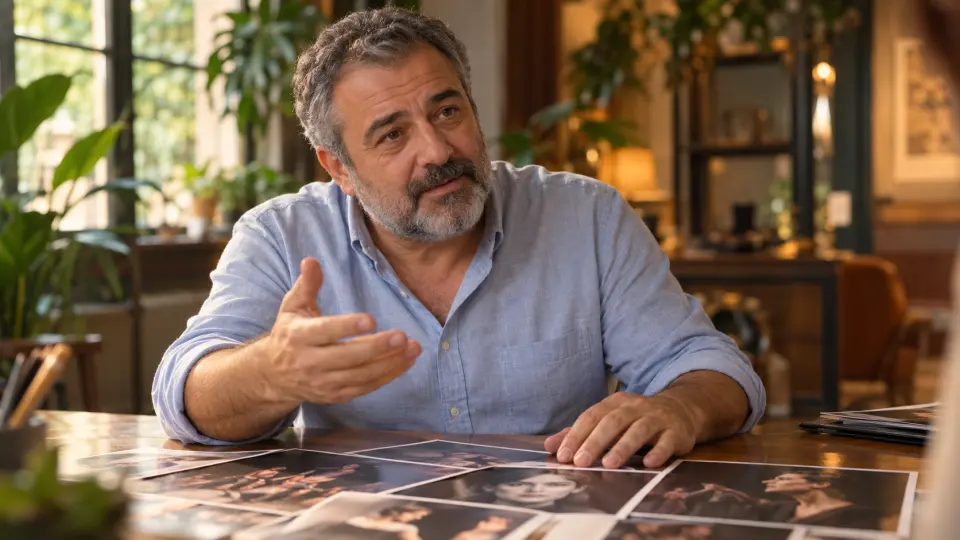 Ajansın toplantı odasında kırçıl sakallı bir oyunculuk danışmanı, masadaki portfolyo fotoğrafları üzerinden konuşuyor.