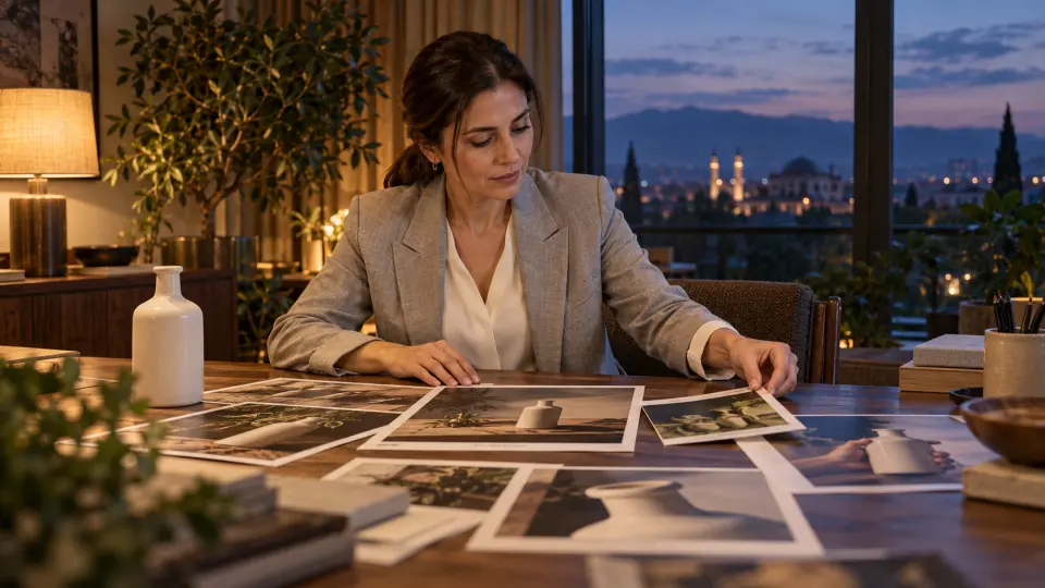 Bursa’da bir ajansın toplantı odasında, reklam çekimini planlamak için masadaki ürün fotoğraflarını inceleyen kadın.