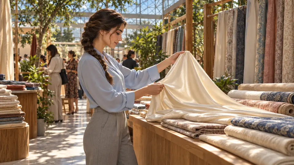 Tekstil fuarında örgülü kestane saçlı genç kadın, yapraklardan süzülen güneş ışığında ipek kumaş tanıtıyor.