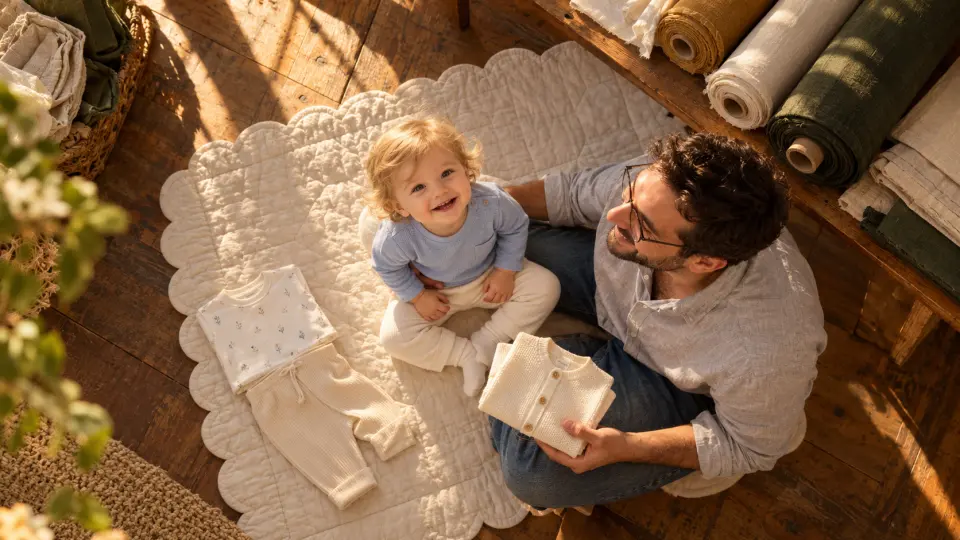Tekstil atölyesinde gözlüklü babasının yanında oturan sarı saçlı bebek ve katalog için sergilenen bebek kıyafetleri.