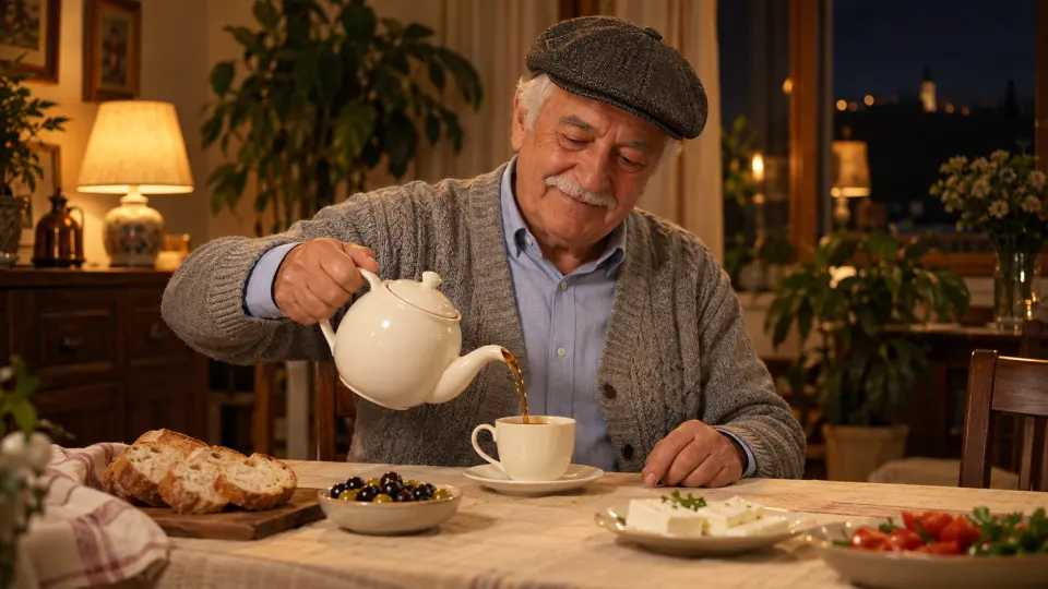 Kasketli, beyaz saçlı yaşlı model, sıcak ışıklı kahvaltı sofrasında sade seramik demlikten fincana çay dolduruyor.