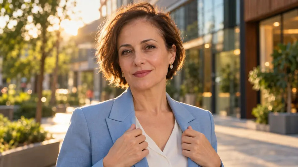 Nilüfer’de cam cepheli binalar önünde, ters ışıkta mavi ceketinin yakalarını tutarak poz veren kadın model.