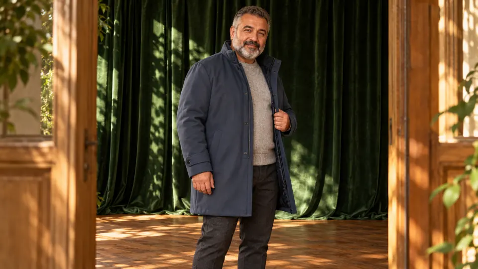 Yeşil kadife fon önünde mavi mont giyen, kırçıl sakallı ellili yaşlardaki erkek modelin kapıdan görünen pozu.