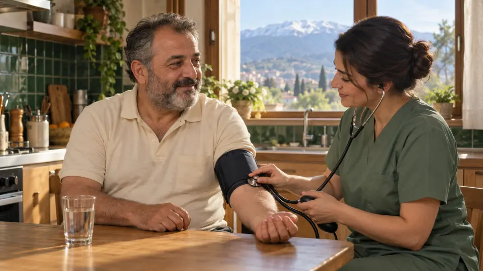 Uludağ manzaralı, yeşil çinili Bursa mutfağında hemşire, kırçıl sakallı orta yaşlı bir erkeğin tansiyonunu ölçüyor.