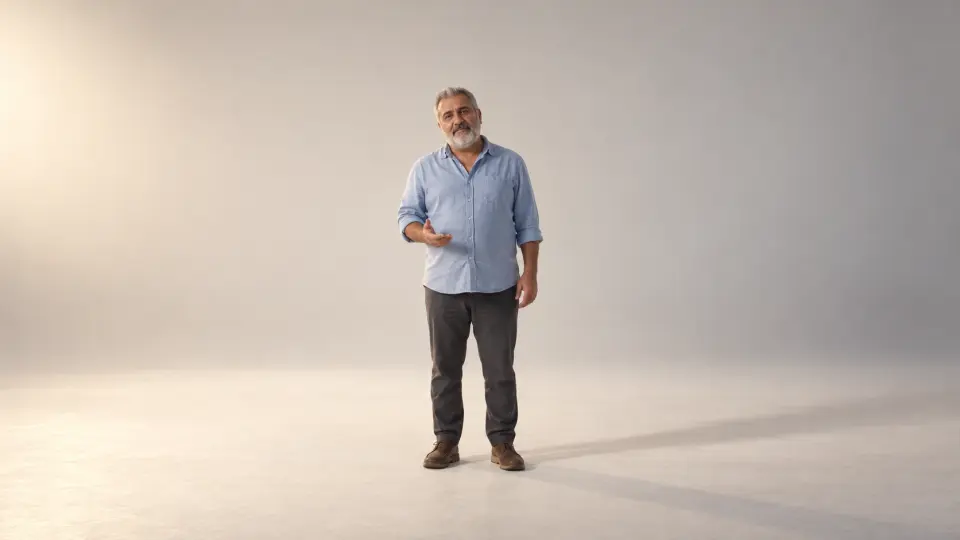 Beyaz stüdyoda kamu spotu için kameraya seslenen, mavi gömlekli, kır sakallı ellili yaşlarda bir erkek.