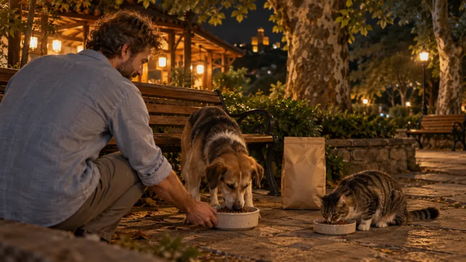 Bursa'da gece sıcak ışıklarla aydınlanan parkta, kıvırcık saçlı bir adam kedi ve köpeğe mama veriyor.