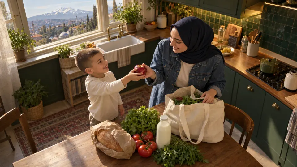 Bursa'da yeşil fayanslı mutfakta market alışverişini yerleştiren başörtülü genç kadın ve ona elma uzatan çocuk.